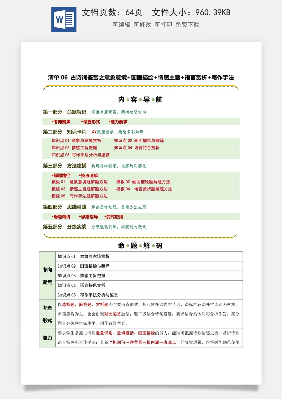 初中-语文-中考语文-二轮复习知识点-清单06 古诗词鉴赏之意象意境+画面描绘+情感主旨+语言赏析+写作手法（知识·方法·能力清单）（教师版）.docx